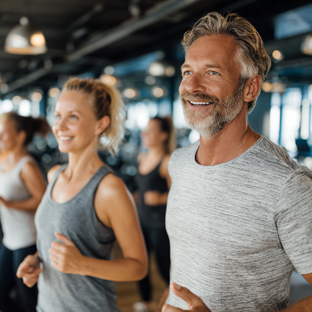 middle-aged adults exercising together in modern fitness environment